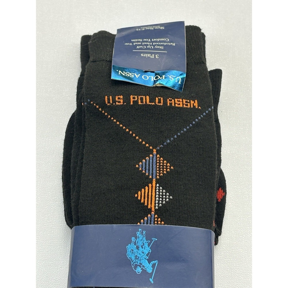 U.S. Polo Assn 3 Pair Dress Socks Black Shoe Size 6-12 NWT Stay Up Cuff